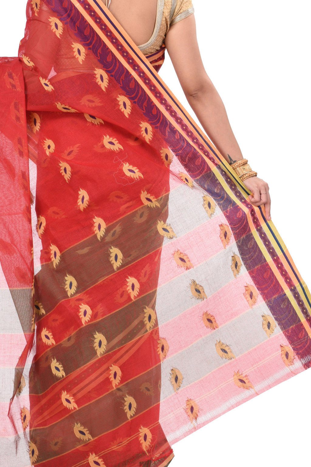 Red Pure Cotton PataButi Tant Saree (525)